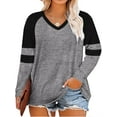 thumbnail image 1 of Long Sleeve Women V-neck T-shirt Color Block Striped Plus Size Casual Shirt Tops, 1 of 4