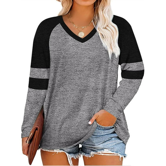Long Sleeve Women V-neck T-shirt Color Block Striped Plus Size Casual Shirt Tops