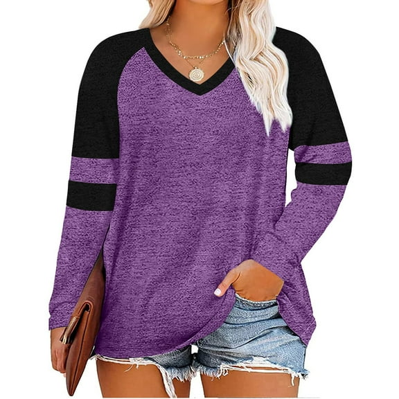 Long Sleeve Women V-neck T-shirt Color Block Striped Plus Size Casual Shirt Tops