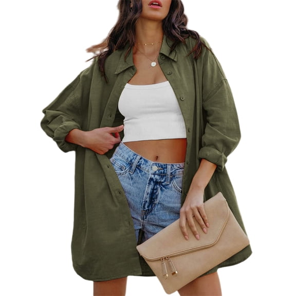 Long Sleeve Women's Basic Oversized Tie Button Shirt Casual LooseSolid Color Lapel Long Shirt Top with Pocket