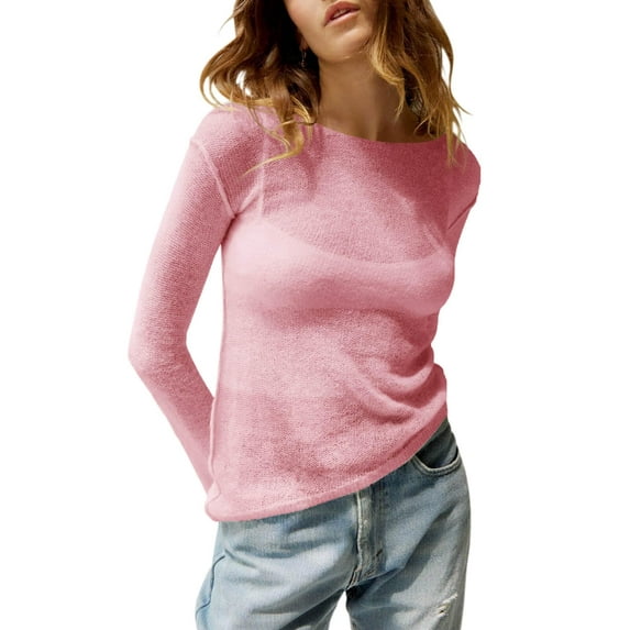 Long Sleeve Women's Casual Tulle Top Blouse Lightweight Knit Pullover Sweater