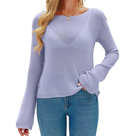 Long Sleeve Women's Casual Tulle Top Blouse Lightweight Knit Pullover Sweater
