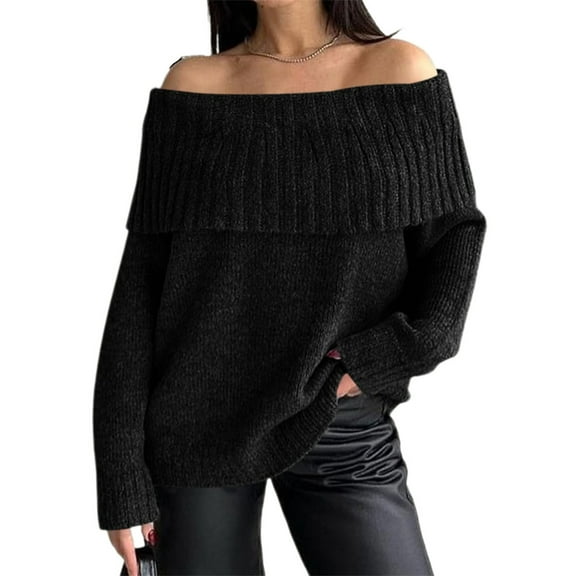 Long Sleeve Women's Off Shoulder Sweater Oversized Ribbed Knit Fall Tunic Pullover Top Cold Shoulder Pullover