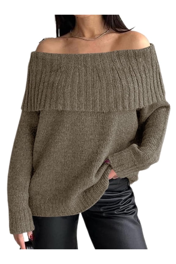 Long Sleeve Women's Off Shoulder Sweater Oversized Ribbed Knit Fall Tunic Pullover Top Cold Shoulder Pullover