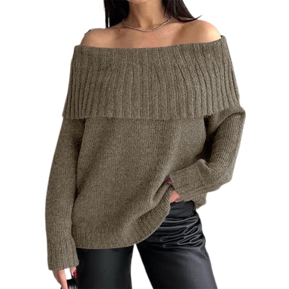 Long Sleeve Women's Off Shoulder Sweater Oversized Ribbed Knit Fall Tunic Pullover Top Cold Shoulder Pullover