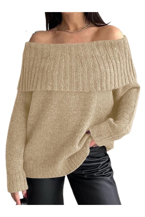 Long Sleeve Women's Off Shoulder Sweater Oversized Ribbed Knit Fall Tunic Pullover Top Cold Shoulder Pullover