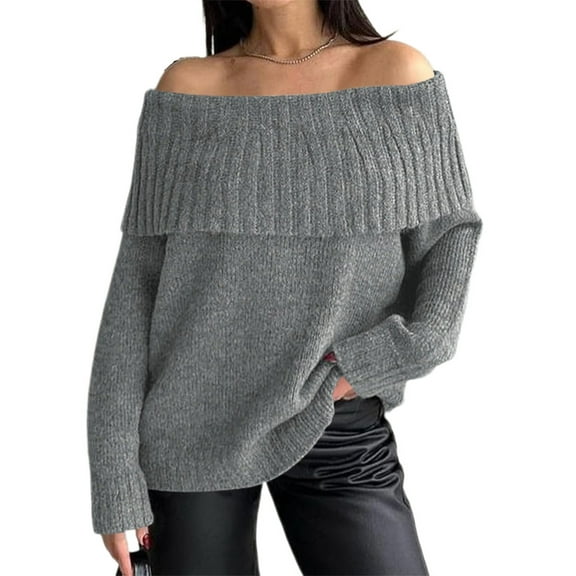 Long Sleeve Women's Off Shoulder Sweater Oversized Ribbed Knit Fall Tunic Pullover Top Cold Shoulder Pullover