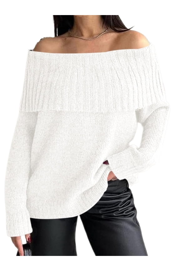 Long Sleeve Women's Off Shoulder Sweater Oversized Ribbed Knit Fall Tunic Pullover Top Cold Shoulder Pullover