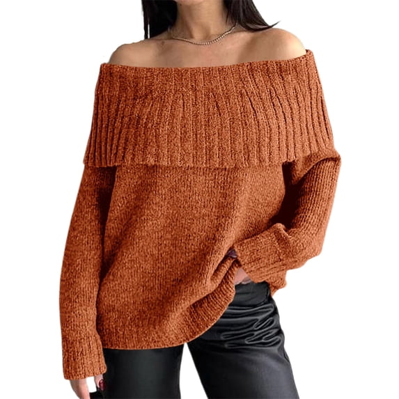 Long Sleeve Women's Off Shoulder Sweater Oversized Ribbed Knit Fall Tunic Pullover Top Cold Shoulder Pullover