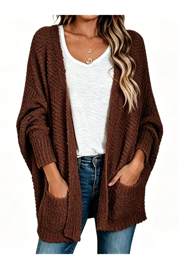 Long Sleeve Women's Open Front Batwing Fuzzy Knit Sweaters Chunky Cardigan
