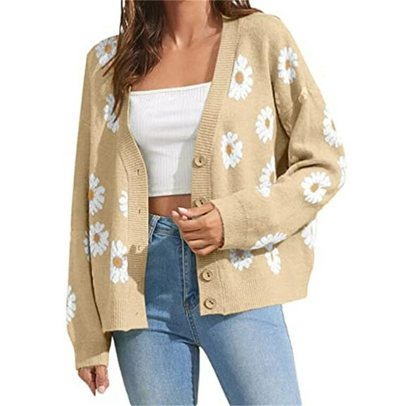 Long Sleeve Women's Open Front Button Down V Neck Knitted Floral Print Sweaters Cardigan