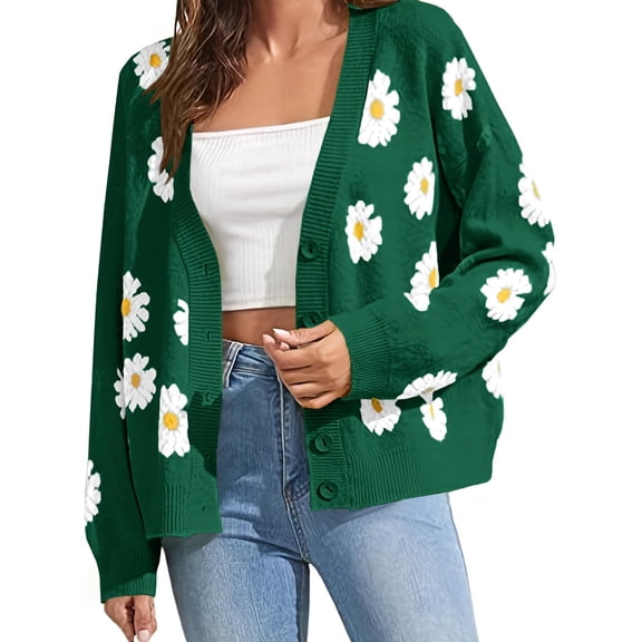 Long Sleeve Women's Open Front Button Down V Neck Knitted Floral Print Sweaters Cardigan