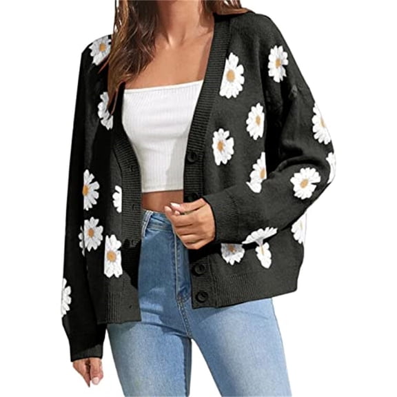 Long Sleeve Women's Open Front Button Down V Neck Knitted Floral Print Sweaters Cardigan