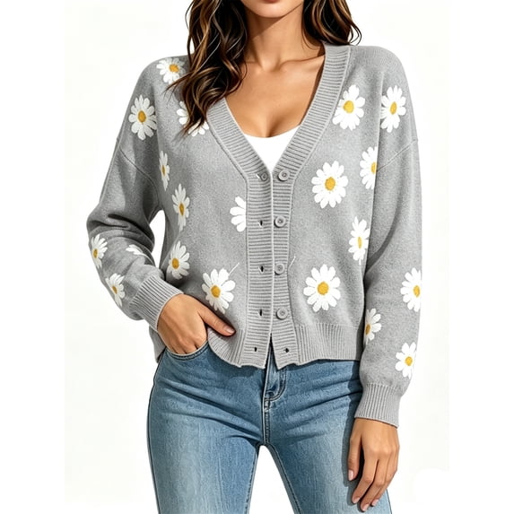 Long Sleeve Women's Button Down V Neck Knitted Floral Print Sweaters Cardigan