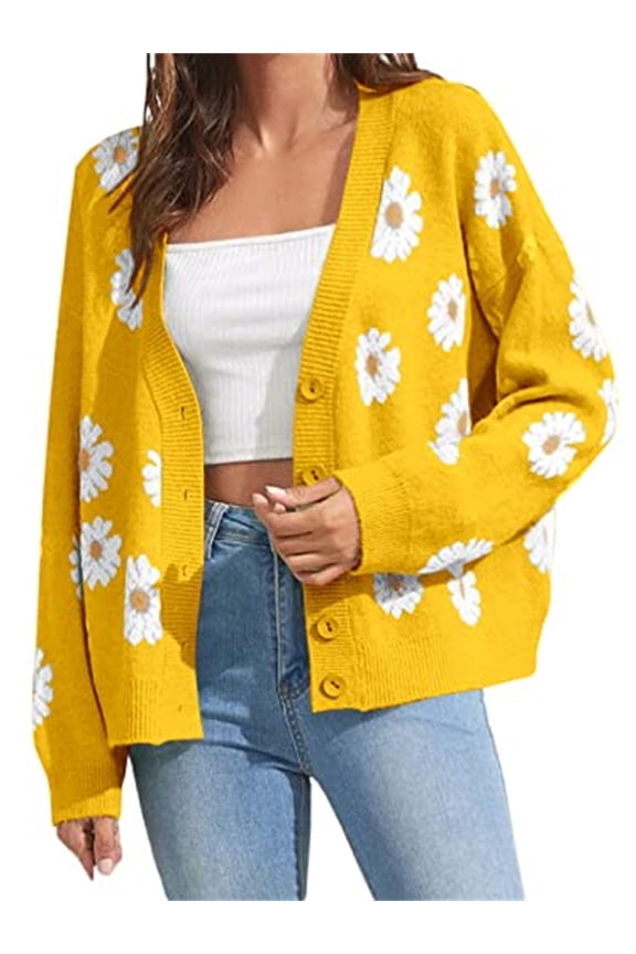 Long Sleeve Women's Open Front Button Down V Neck Knitted Floral Print Sweaters Cardigan