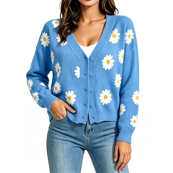 Long Sleeve Women's Button Down V Neck Knitted Floral Print Sweaters Cardigan