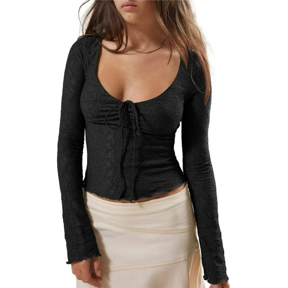 Long Sleeve Women's Sexy Scoop Neck Crop Tops Slim Fit Lace Blouses