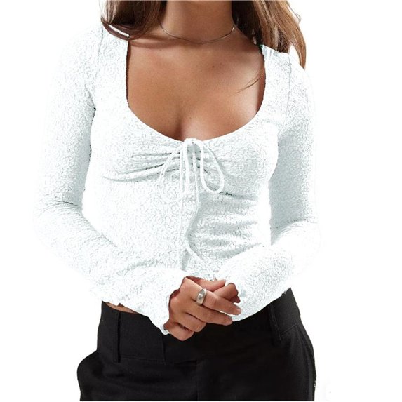 Long Sleeve Women's Sexy Scoop Neck Crop Tops Slim Fit Lace Blouses