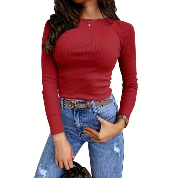 Long Sleeve Women's Slim Ribbed Shirt Knit Slim Tight Basic T Shirt Out Crop Top