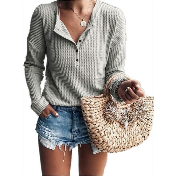Long Sleeve Women's Solid T-shirt with Buttons