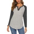 thumbnail image 1 of Long Sleeve Women's T-Shirt with Button V-Neck and Color Block Design in Dark Gray, Size XXL, Perfect for Daily Wear, 1 of 6