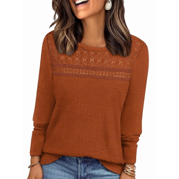 Long Sleeve Women's Tops Spring Summer Outfits Dressy Casual Blouses Lace Trendy Waffle Knit Shirts Caramel Color M