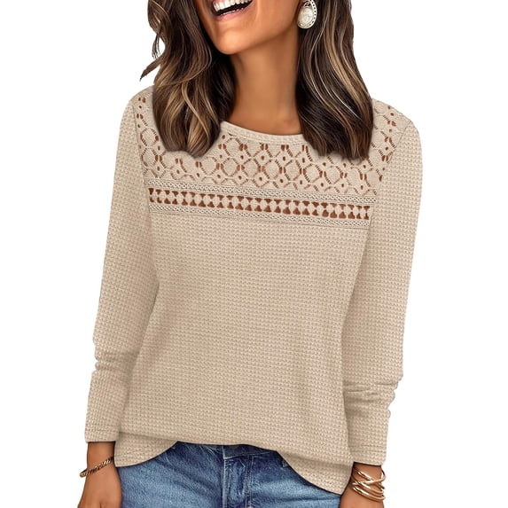 Long Sleeve Women's Tops Spring Summer Outfits Dressy Casual Blouses Lace Trendy Waffle Knit Shirts Color XXL