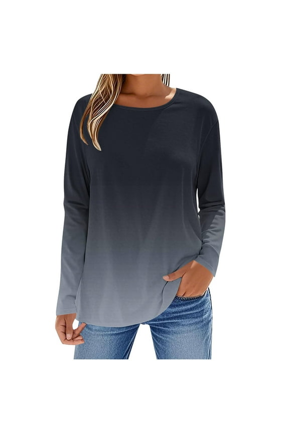 Long Sleeve Women's Tunic Top Shirt Round Neck Tops Ombre Loose Flowy Dressy Tunics Shirt to Wear with Leggings