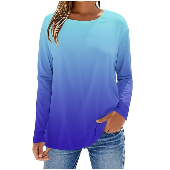 Long Sleeve Women's Tunic Top Shirt Round Neck Tops Ombre Loose Flowy Dressy Tunics Shirt to Wear with Leggings