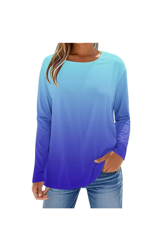 Long Sleeve Women's Tunic Top Shirt Round Neck Tops Ombre Loose Flowy Dressy Tunics Shirt to Wear with Leggings