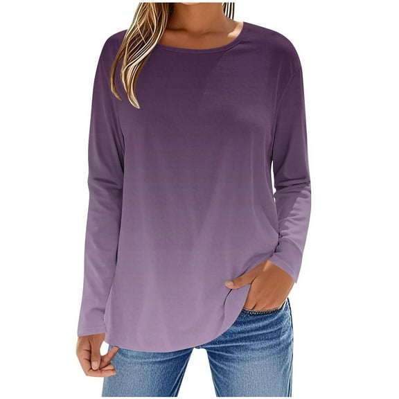 Long Sleeve Women's Tunic Top Shirt Round Neck Tops Ombre Loose Flowy Dressy Tunics Shirt to Wear with Leggings