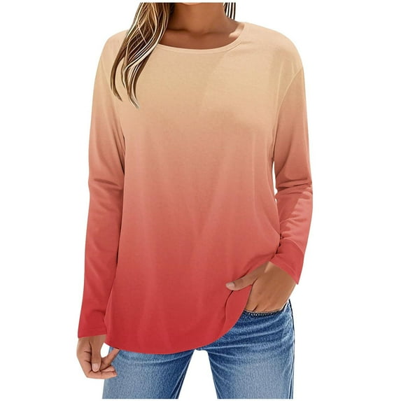 Long Sleeve Women's Tunic Top Shirt Round Neck Tops Ombre Loose Flowy Dressy Tunics Shirt to Wear with Leggings
