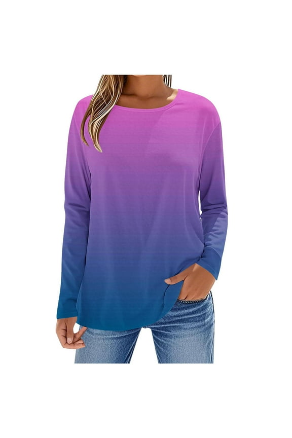 Long Sleeve Women's Tunic Top Shirt Round Neck Tops Ombre Loose Flowy Dressy Tunics Shirt to Wear with Leggings