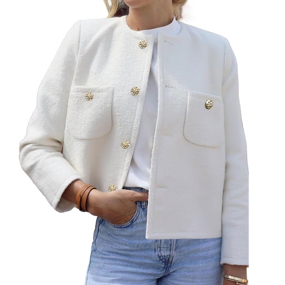 Long Sleeve Women's Tweed Jackets Business Button Down Casual Cropped Blazer with Pockets