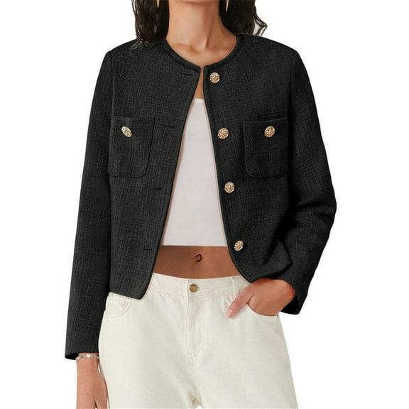 Long Sleeve Women's Tweed Jackets Business Button Down Casual Cropped Blazer with Pockets