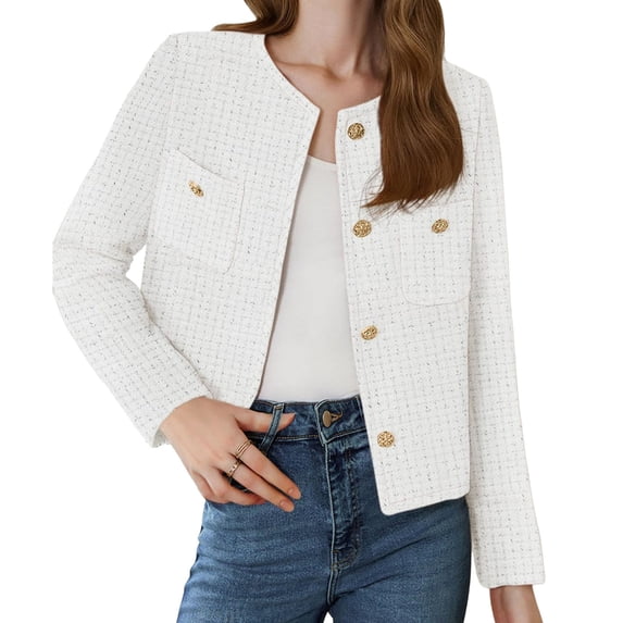 Long Sleeve Women's Tweed Jackets Business Button Down Casual Cropped Blazer with Pockets