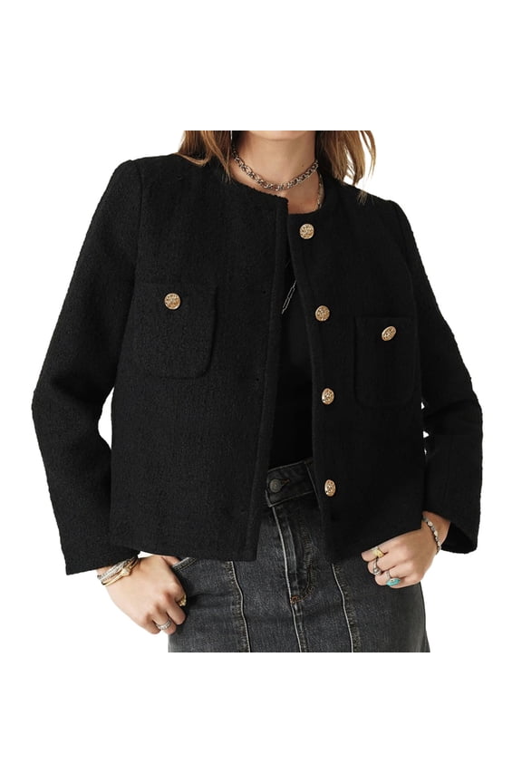 Long Sleeve Women's Tweed Jackets Business Button Down Casual Cropped Blazer with Pockets