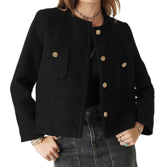 Long Sleeve Women's Tweed Jackets Business Button Down Casual Cropped Blazer with Pockets