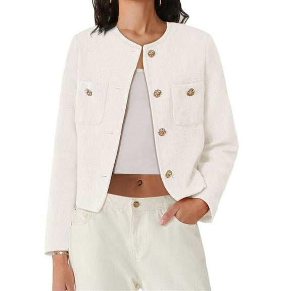 Long Sleeve Women's Tweed Jackets Business Button Down Casual Cropped Blazer with Pockets