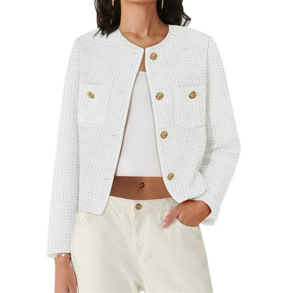 Long Sleeve Women's Tweed Jackets Business Button Down Casual Cropped Blazer with Pockets