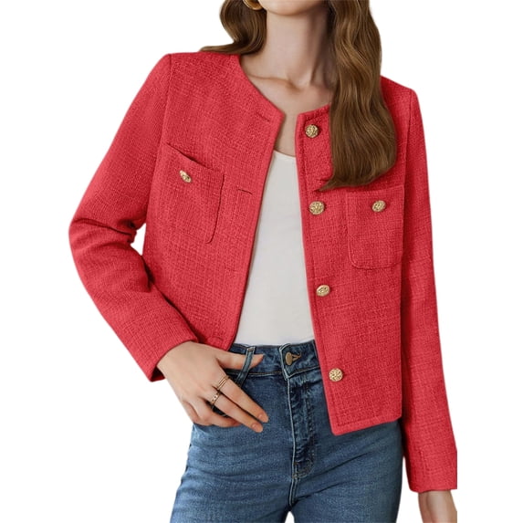 Long Sleeve Women's Tweed Jackets Business Button Down Casual Cropped Blazer with Pockets