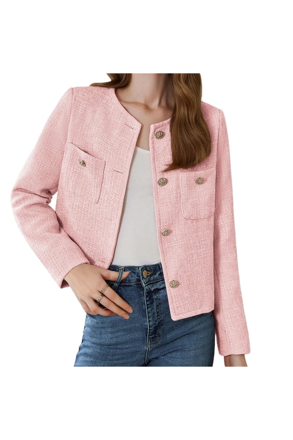 Long Sleeve Women's Tweed Jackets Business Button Down Casual Cropped Blazer with Pockets