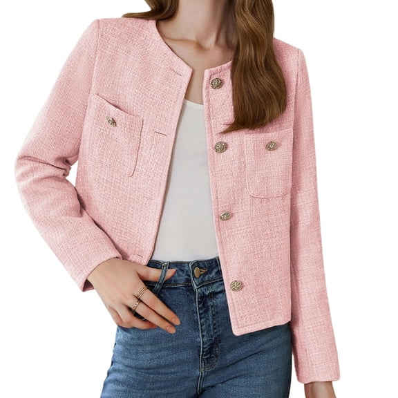 Long Sleeve Women's Tweed Jackets Business Button Down Casual Cropped Blazer with Pockets