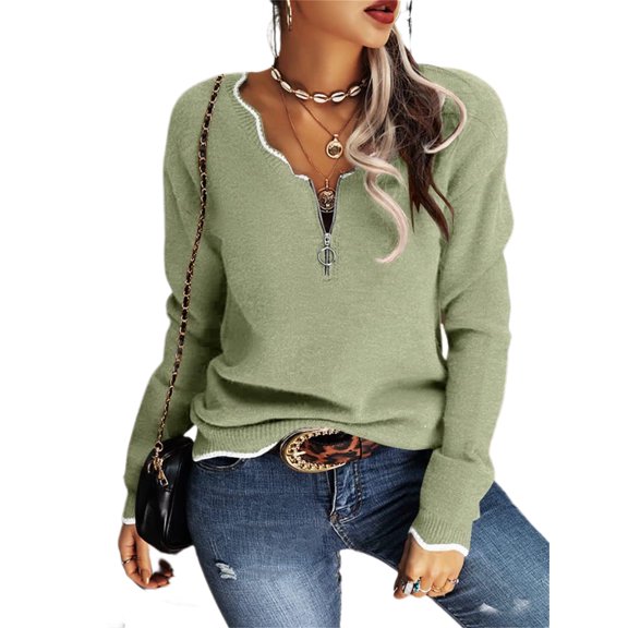 Long Sleeve Women's V Neck Sweater Half Zipper Knit Sweater Casual Cricket Jumper Pullover