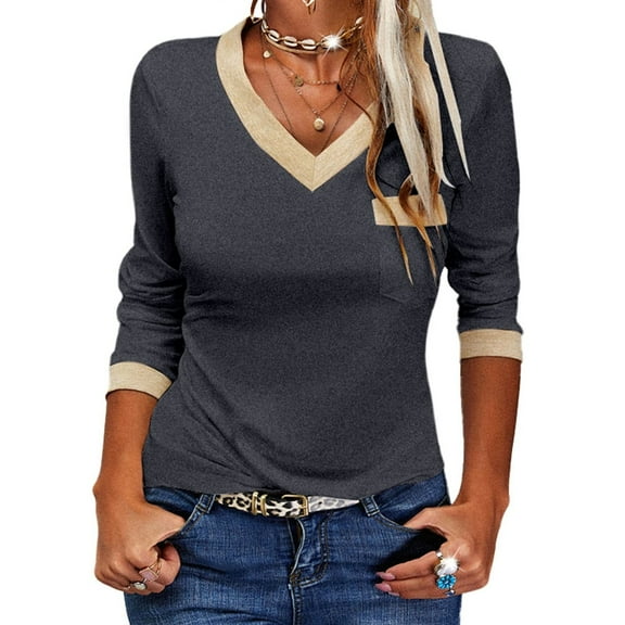 Long Sleeve Women's V-neck Slim T-shirt Color Block Casual Tops