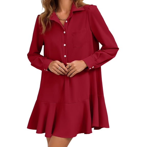 Long Sleeve Women Casual Button Down Shirt Dress Collared Pleated Swing Mini Dresses