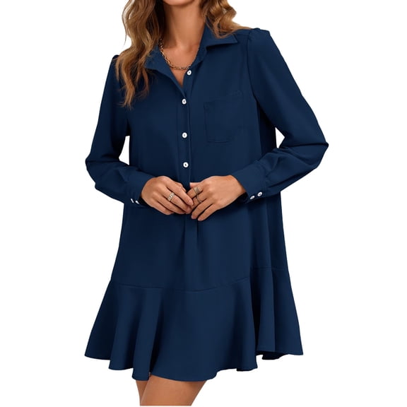Long Sleeve Women Casual Button Down Shirt Dress Collared Pleated Swing Mini Dresses