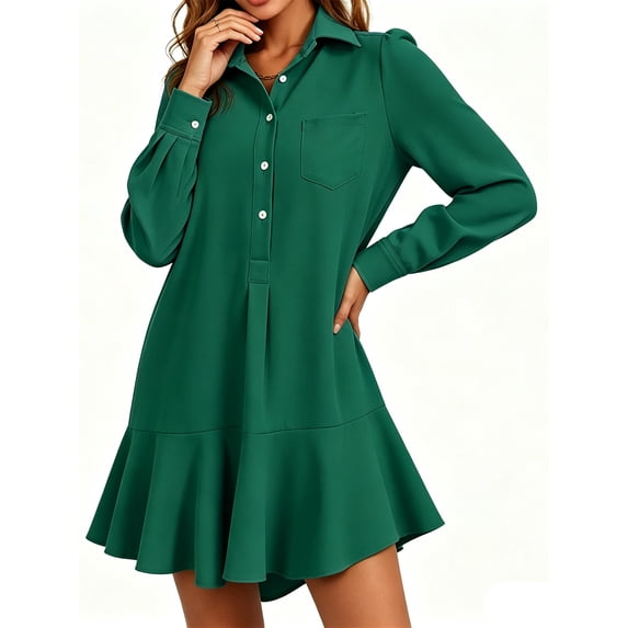 Long Sleeve Women Casual Button Down Shirt Dress Collared Pleated Swing Mini Dresses