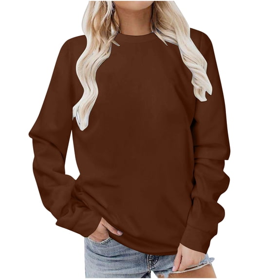 Long Sleeve Womens Crewneck Sweatshirt, solid color basic Pullover Tops Fall Fashion Clothes Casual Trendy Outfits Brown L
