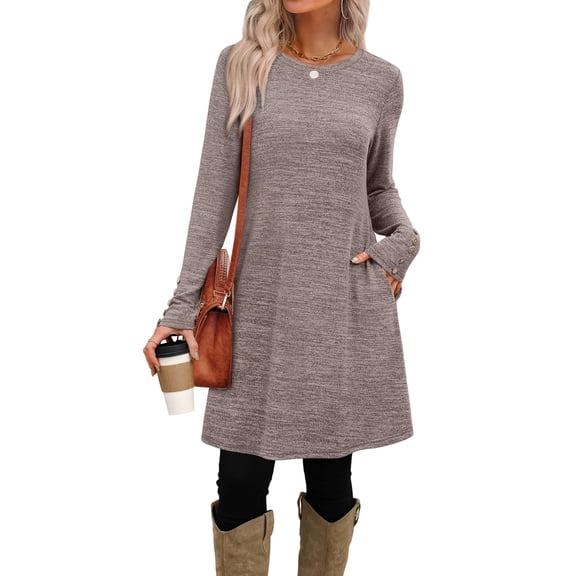 Long Sleeve Womens Dress Loose Fit Crew Neck with Decorative Buttons Khaki L